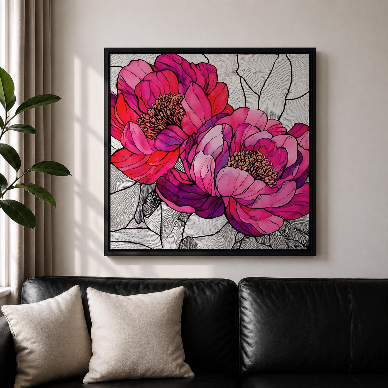Peony Wall Art Garden Flower Framed Canvas Stained Glass Botanical Boho Home Decor
