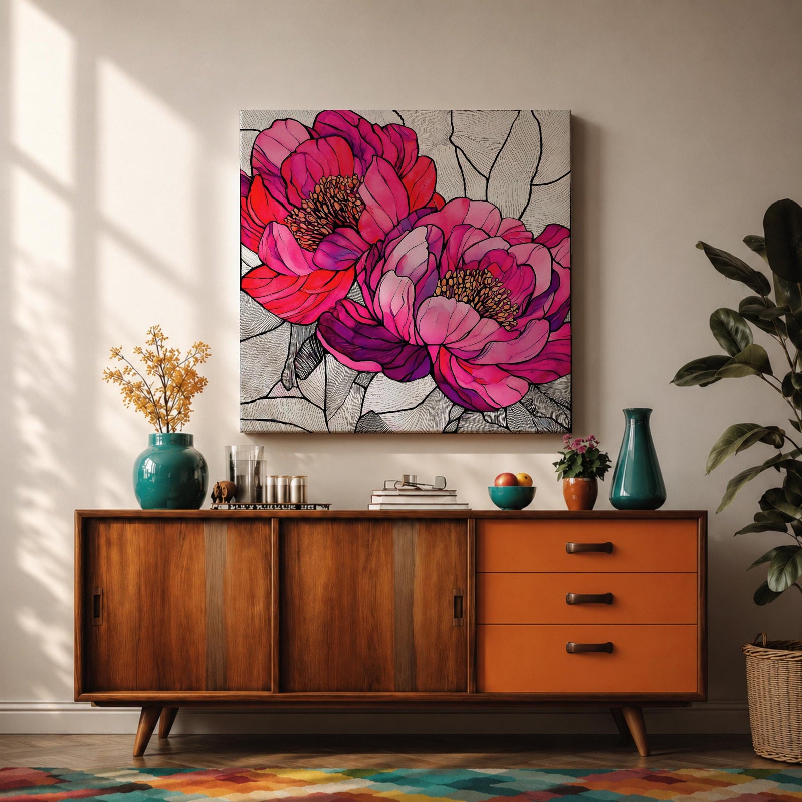 Peony Wall Art Garden Flower Framed Canvas Stained Glass Botanical Boho Home Decor