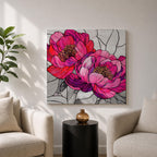 Peony Wall Art Garden Flower Framed Canvas Stained Glass Botanical Boho Home Decor