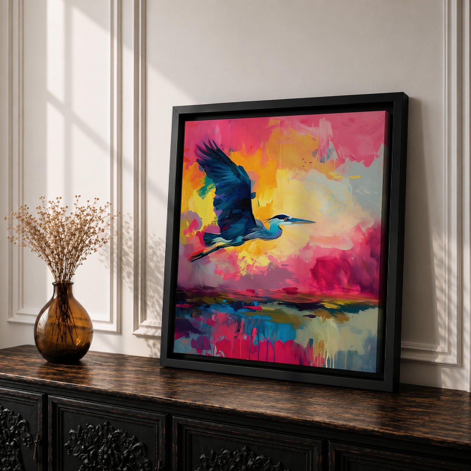 Flying Heron Wall Art Egret Bird Framed Canvas Coastal Wildlife Marsh Rustic Home Decor