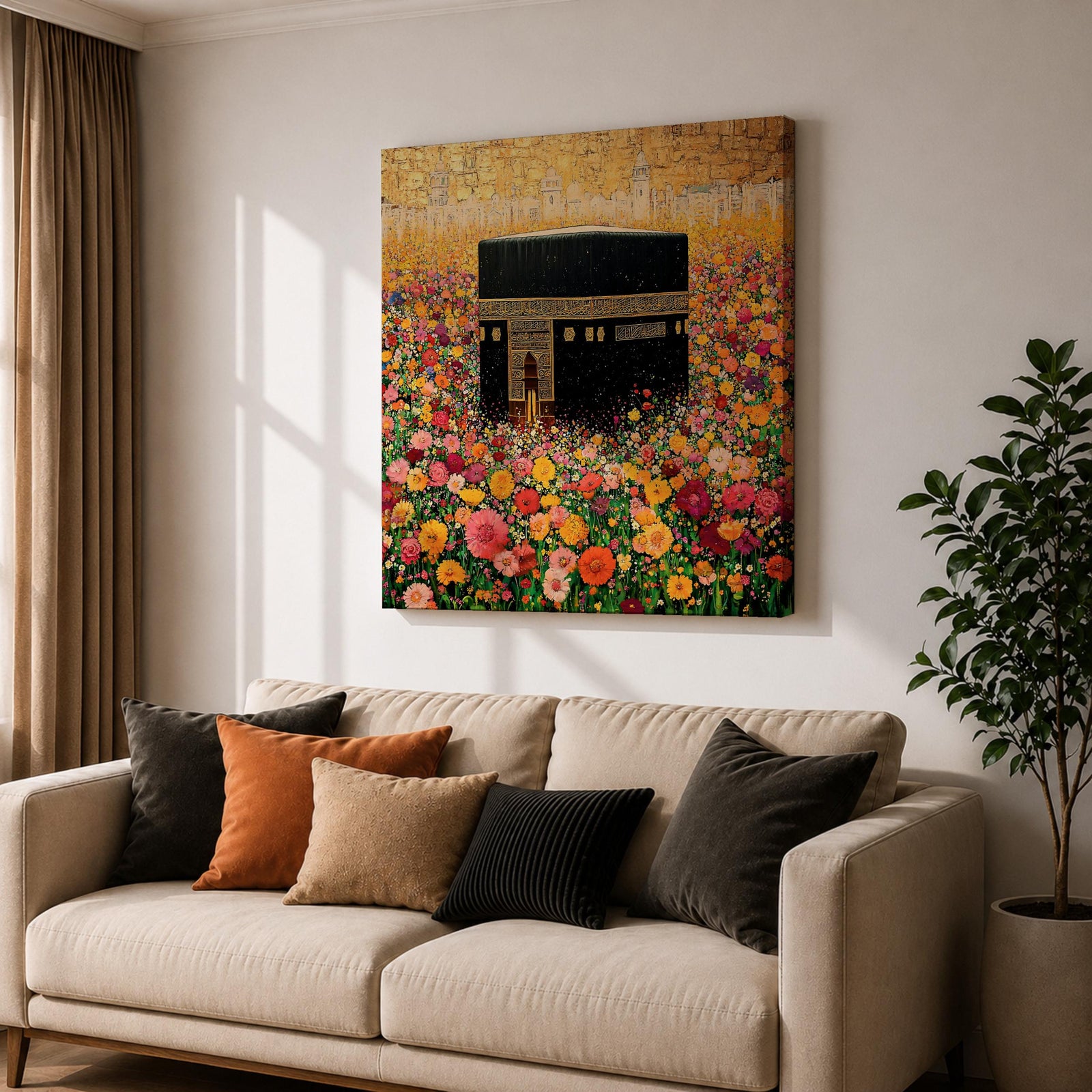 Kaaba Wall Art Floral Garden Framed Canvas Masjid al Haram Mecca Islamic Home Decor