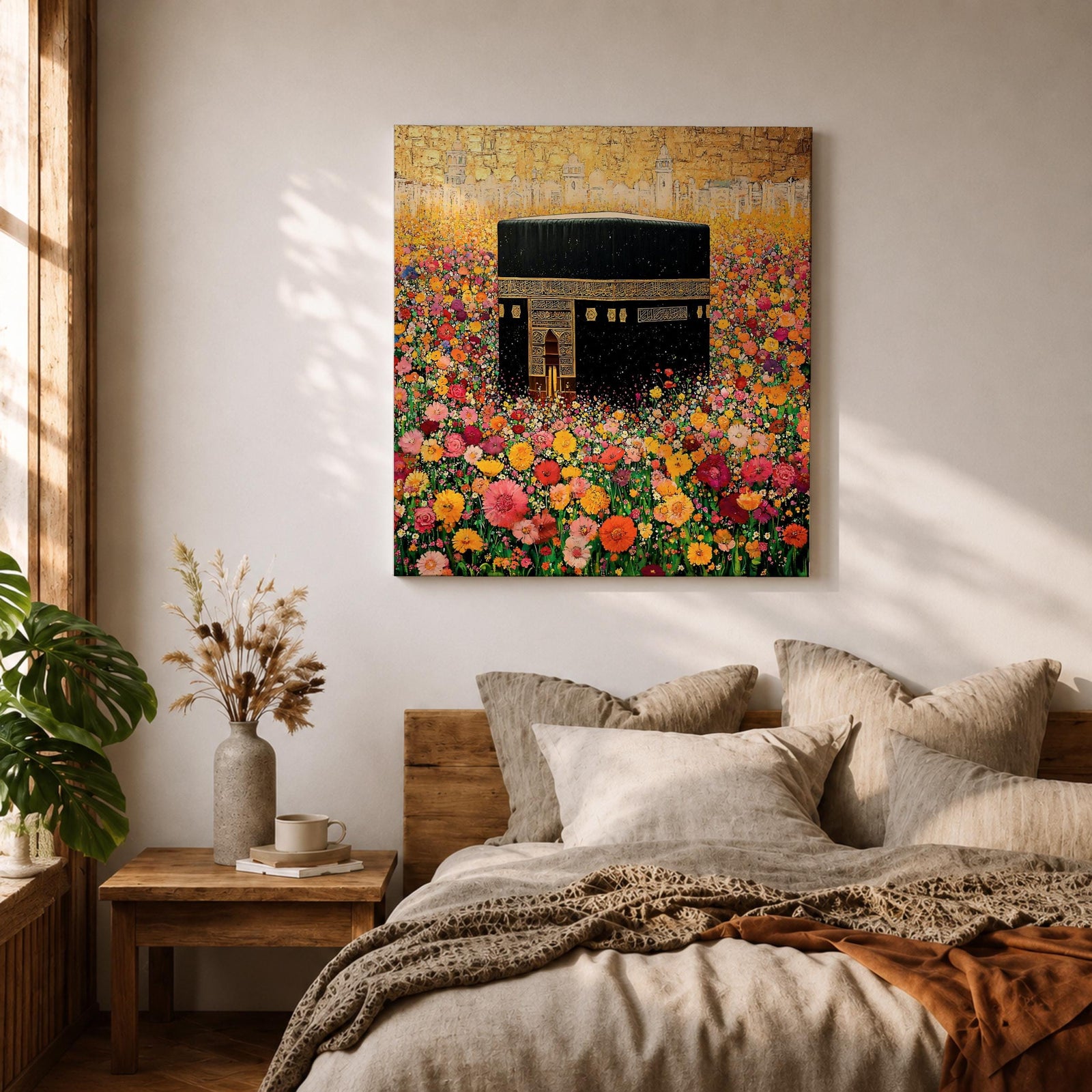 Kaaba Wall Art Floral Garden Framed Canvas Masjid al Haram Mecca Islamic Home Decor