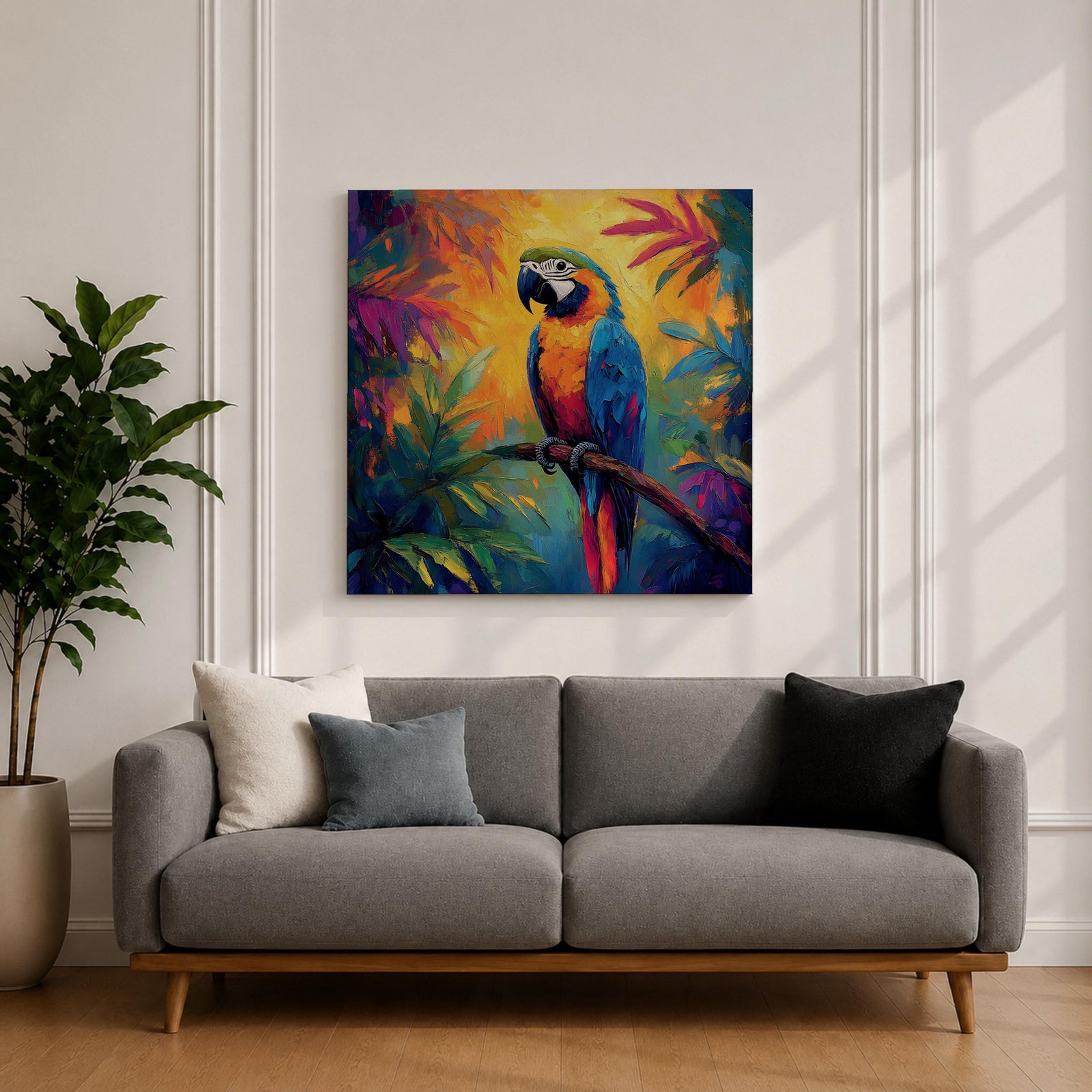 Parrot Wall Art Macaw Framed Canvas Exotic Bird Tropical Impasto Boho Home Decor