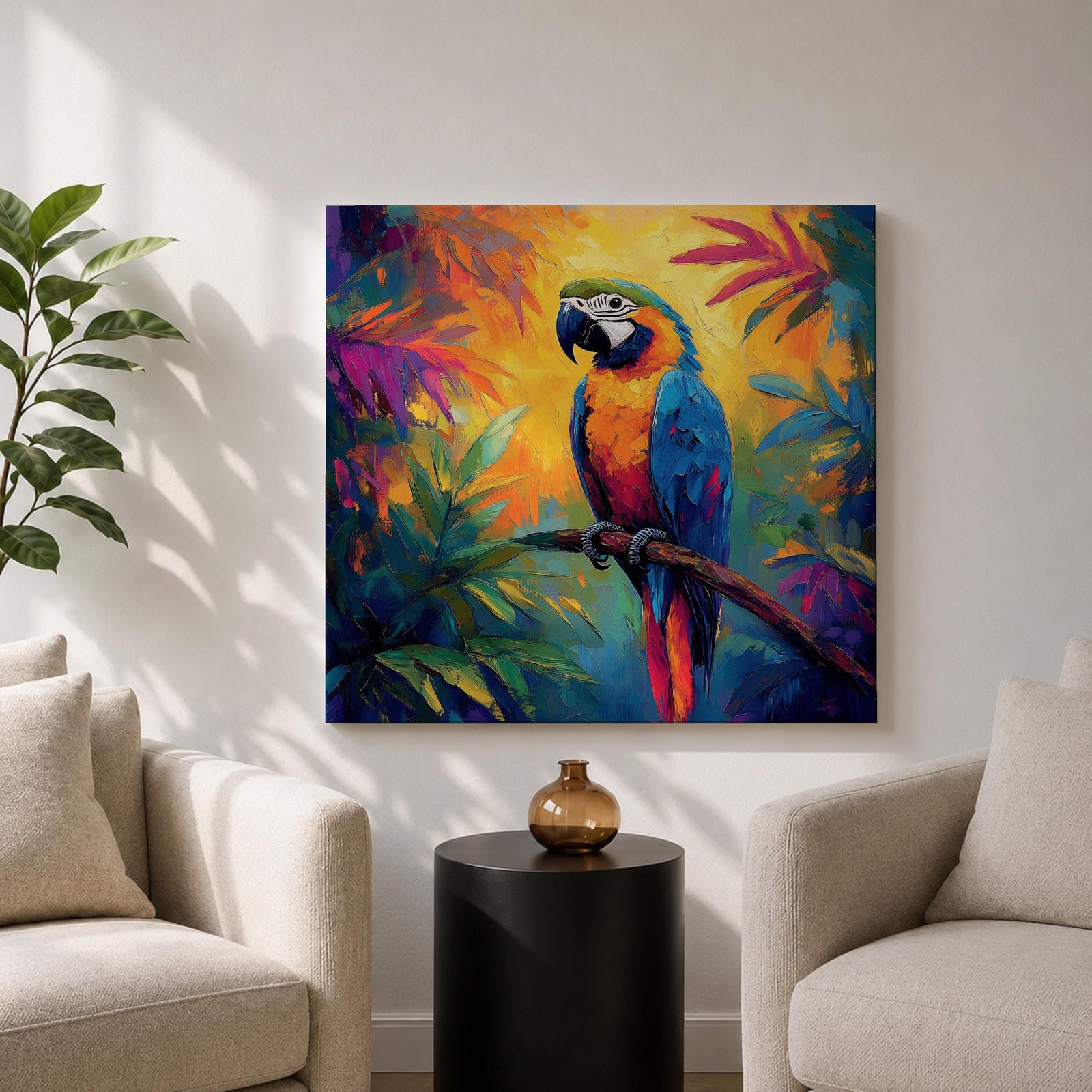 Parrot Wall Art Macaw Framed Canvas Exotic Bird Tropical Impasto Boho Home Decor