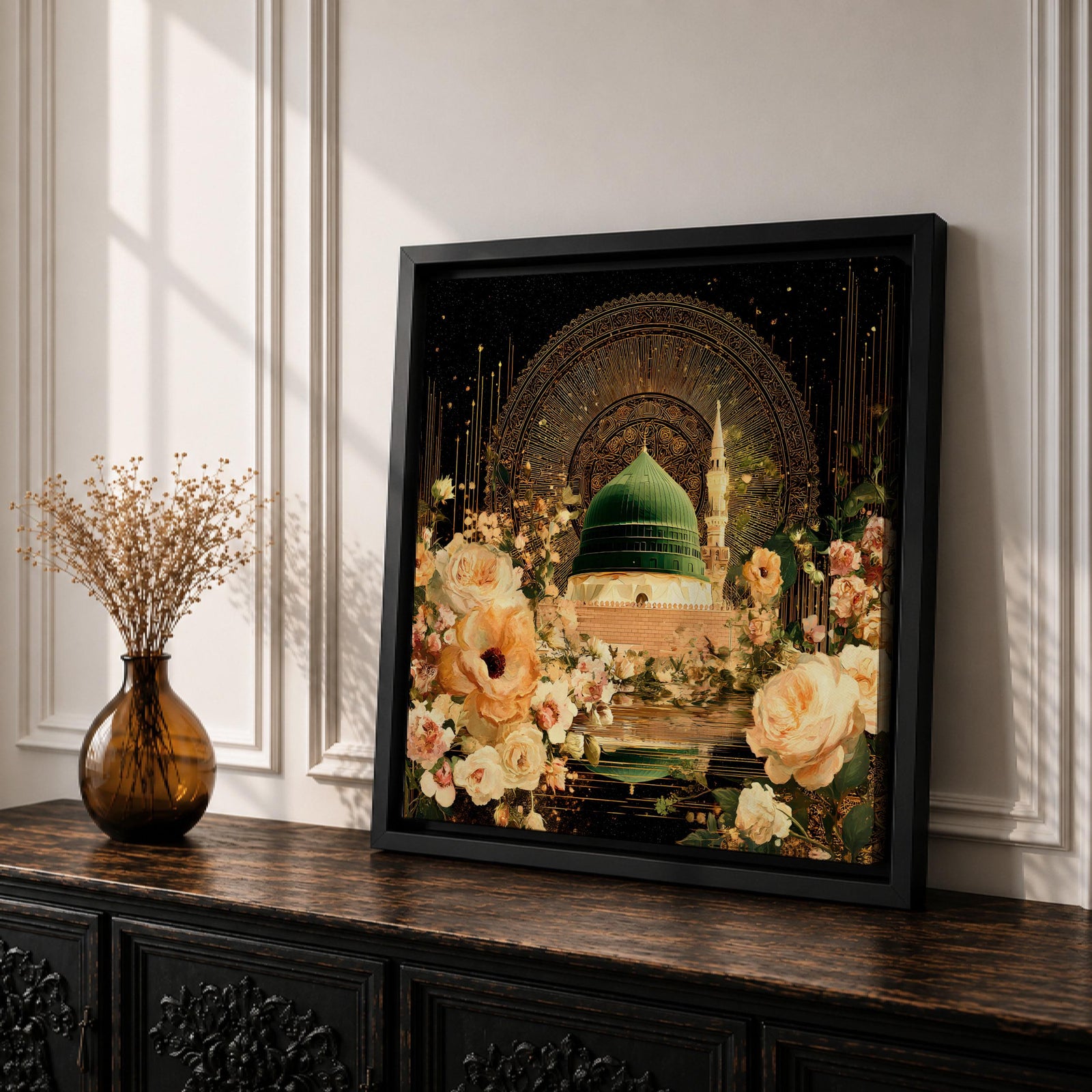 Masjid Al Nabawi Wall Art Green Dome Framed Canvas Floral Medina Vintage Islamic Decor