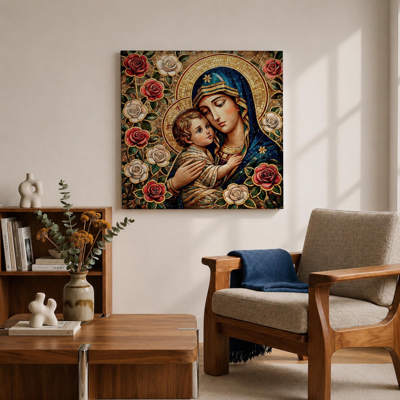 Virgin Mary and Child Wall Art Blessed Mother Framed Canvas Mosaic Catholic Home Decor