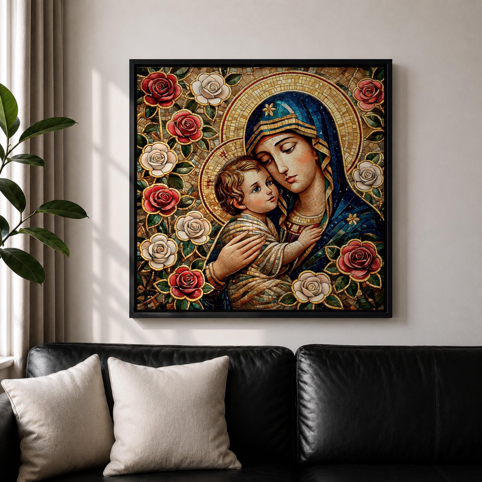 Virgin Mary and Child Wall Art Blessed Mother Framed Canvas Mosaic Catholic Home Decor