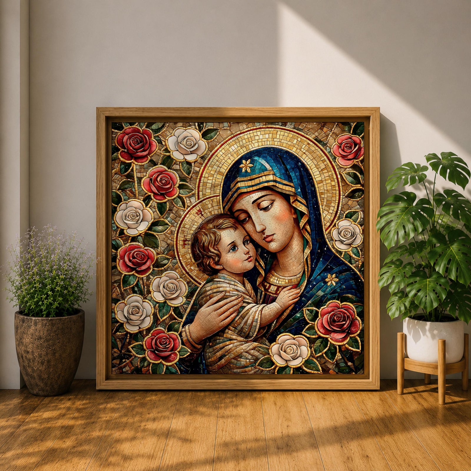Virgin Mary and Child Wall Art Blessed Mother Framed Canvas Mosaic Catholic Home Decor