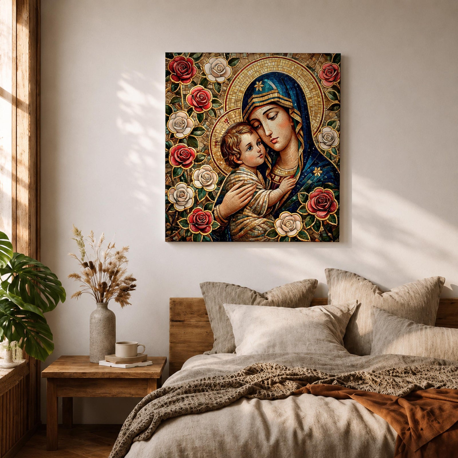 Virgin Mary and Child Wall Art Blessed Mother Framed Canvas Mosaic Catholic Home Decor
