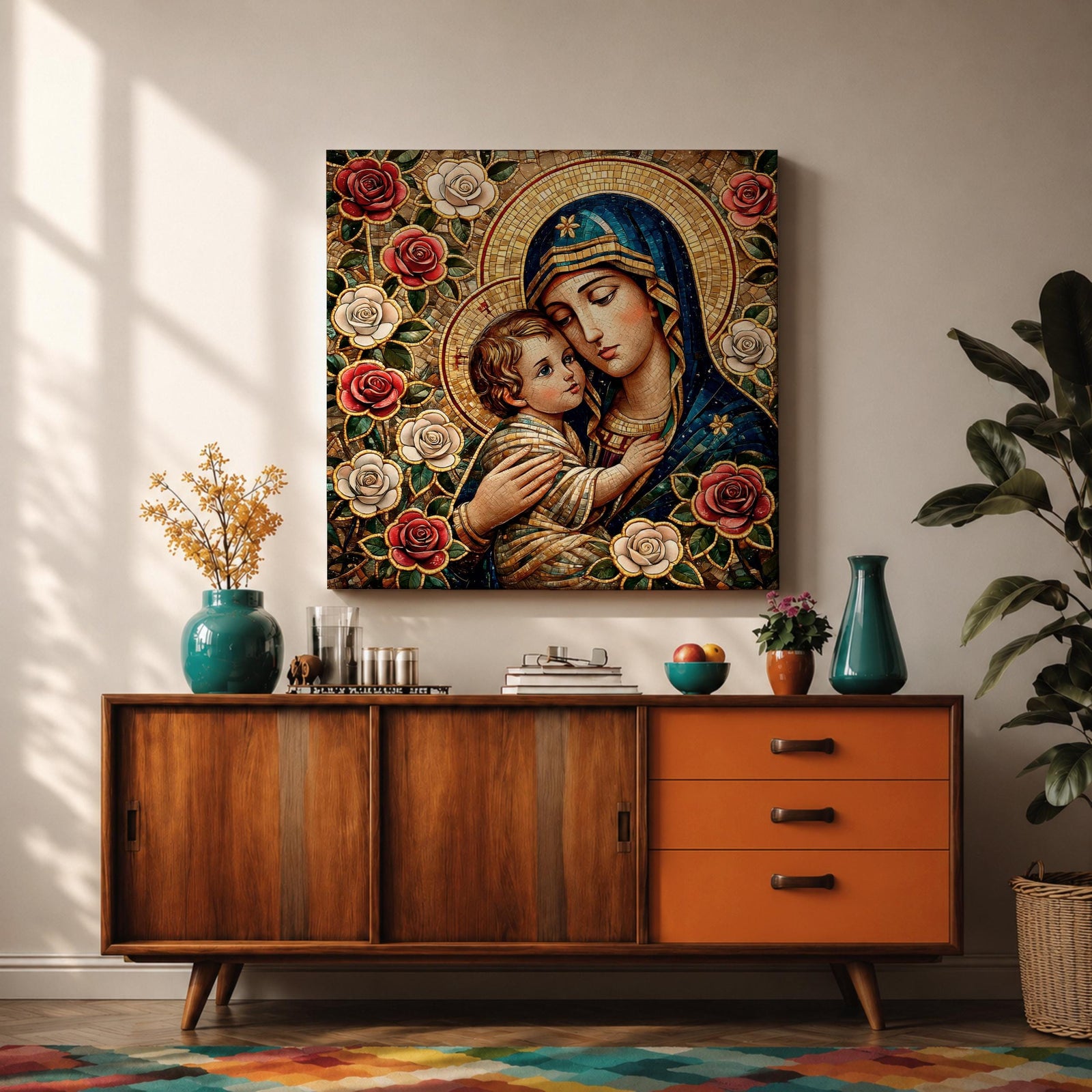 Virgin Mary and Child Wall Art Blessed Mother Framed Canvas Mosaic Catholic Home Decor