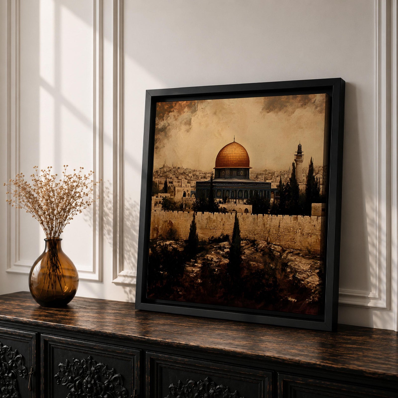 Masjid Al Aqsa Wall Art City View Framed Canvas Haram Sharif Vintage Islamic Decor