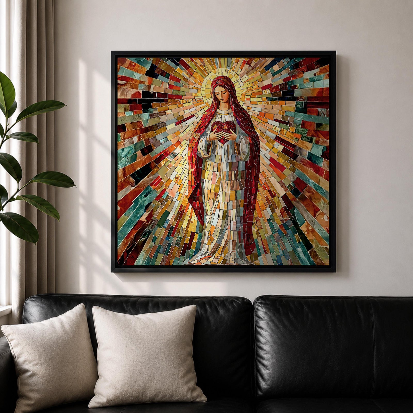 Sacred Heart of Mary Wall Art Blessed Mother Framed Canvas Mosaic Catholic Home Decor