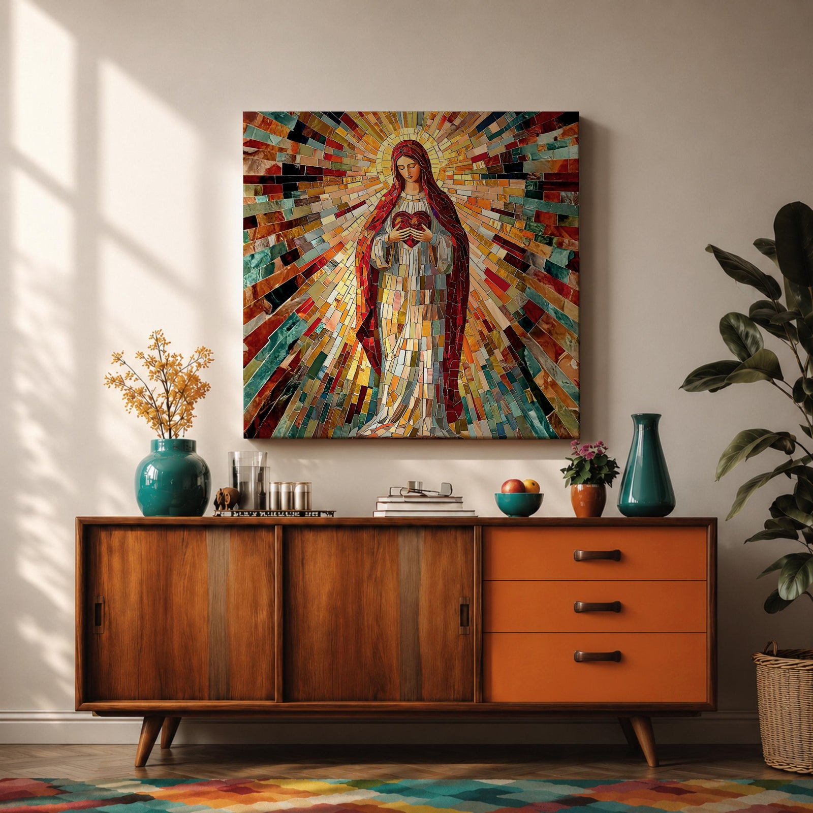 Sacred Heart of Mary Wall Art Blessed Mother Framed Canvas Mosaic Catholic Home Decor