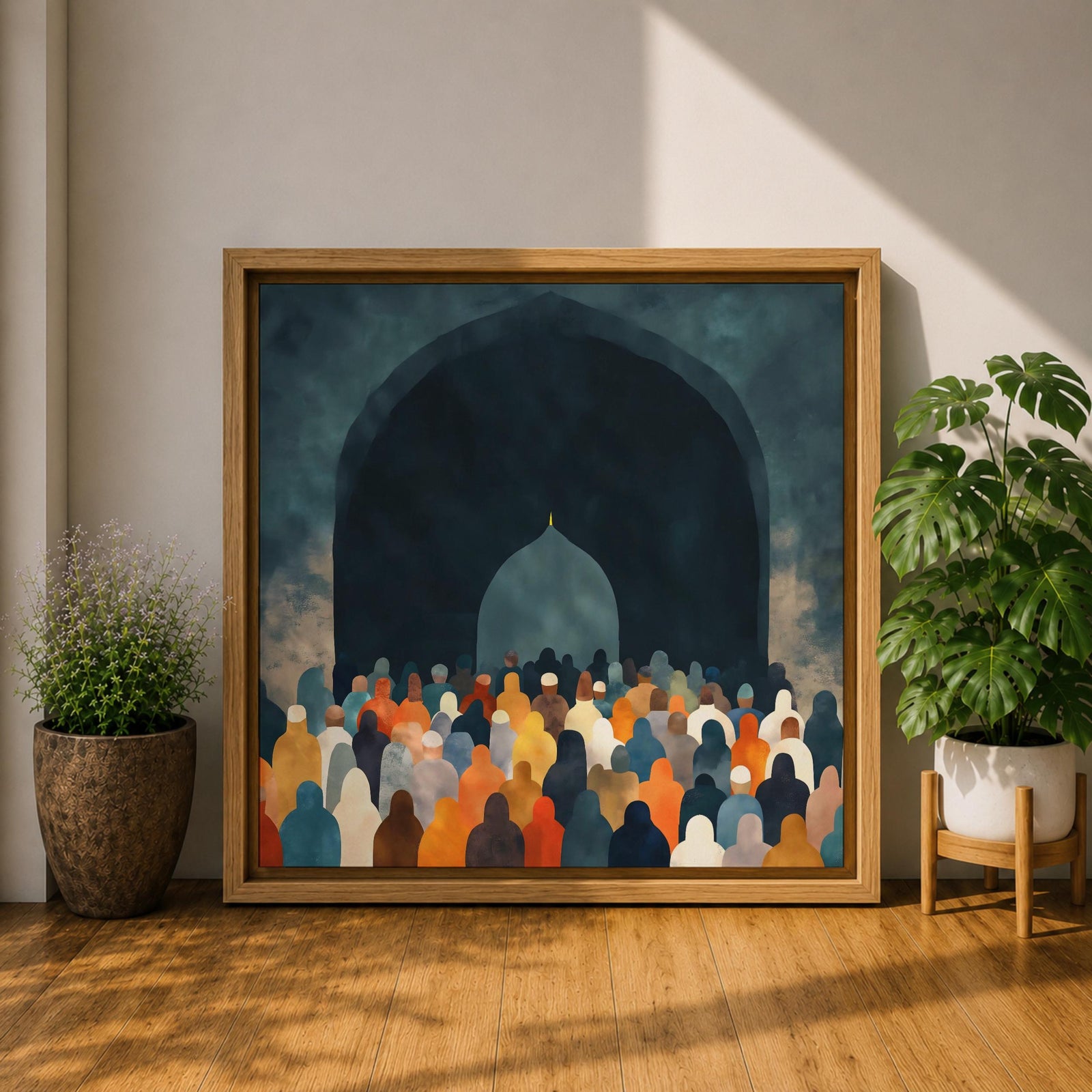 Islamic Prayer Wall Art Mosque Worshippers Framed Canvas Salah Muslim Mosque Home Decor