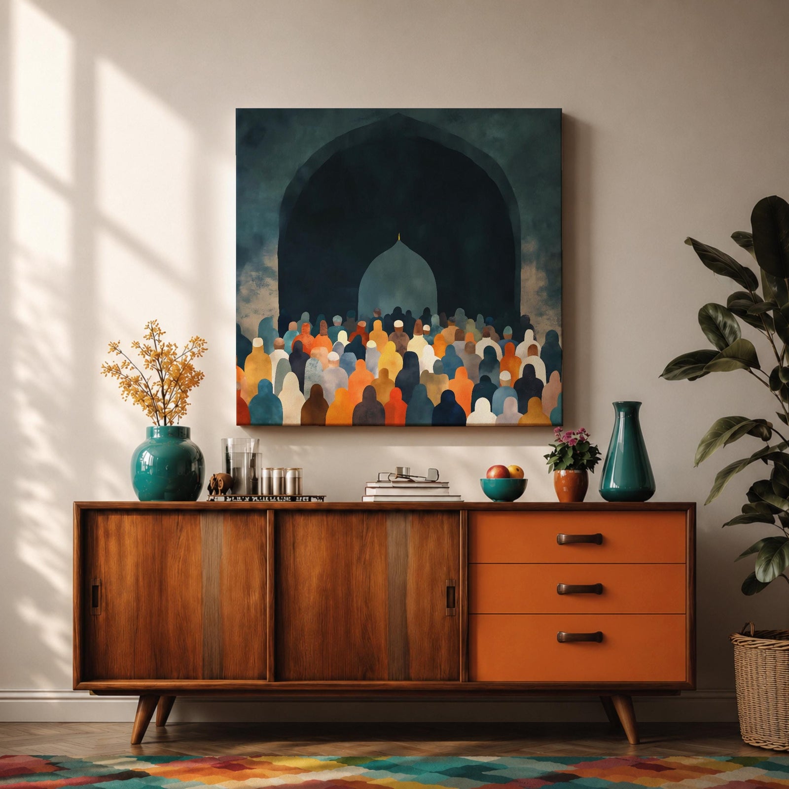Islamic Prayer Wall Art Mosque Worshippers Framed Canvas Salah Muslim Mosque Home Decor