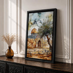Watercolor-style painting of the Dome of the Rock in Jerusalem with its golden dome rising behind ancient stone walls and a prominent olive tree in the foreground under a dramatic sky.