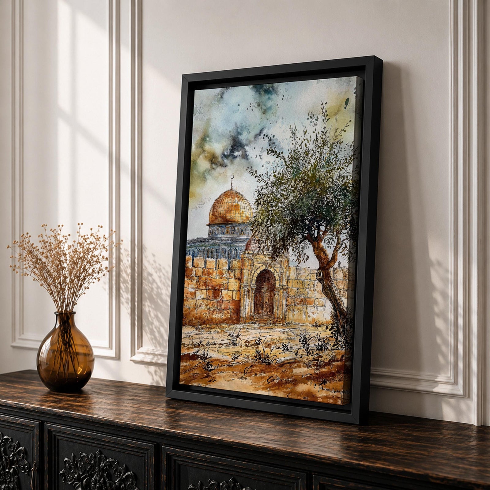 Watercolor-style painting of the Dome of the Rock in Jerusalem with its golden dome rising behind ancient stone walls and a prominent olive tree in the foreground under a dramatic sky.