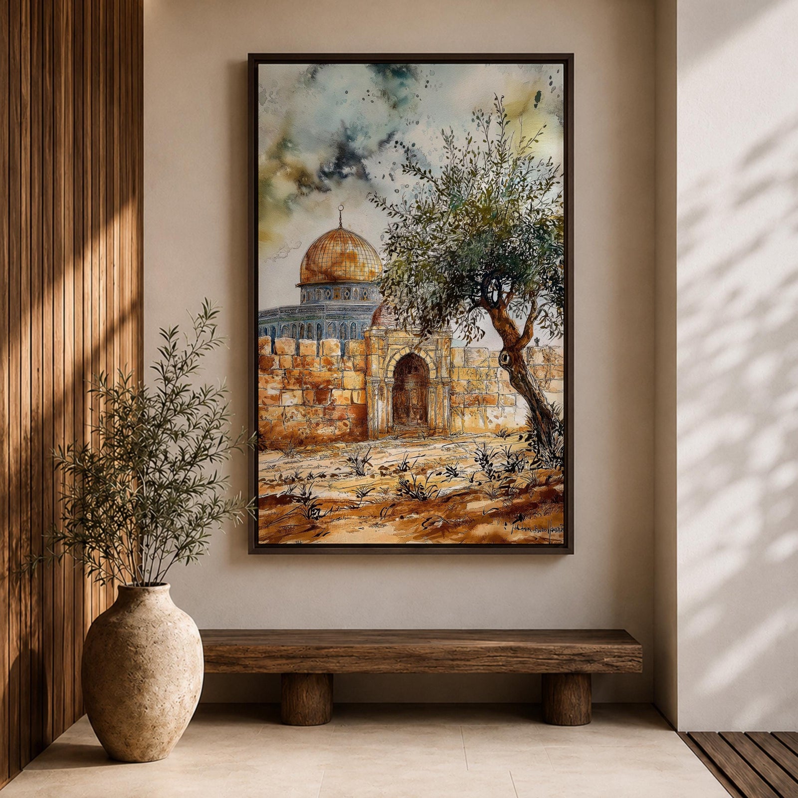 Watercolor-style painting of the Dome of the Rock in Jerusalem with its golden dome rising behind ancient stone walls and a prominent olive tree in the foreground under a dramatic sky.