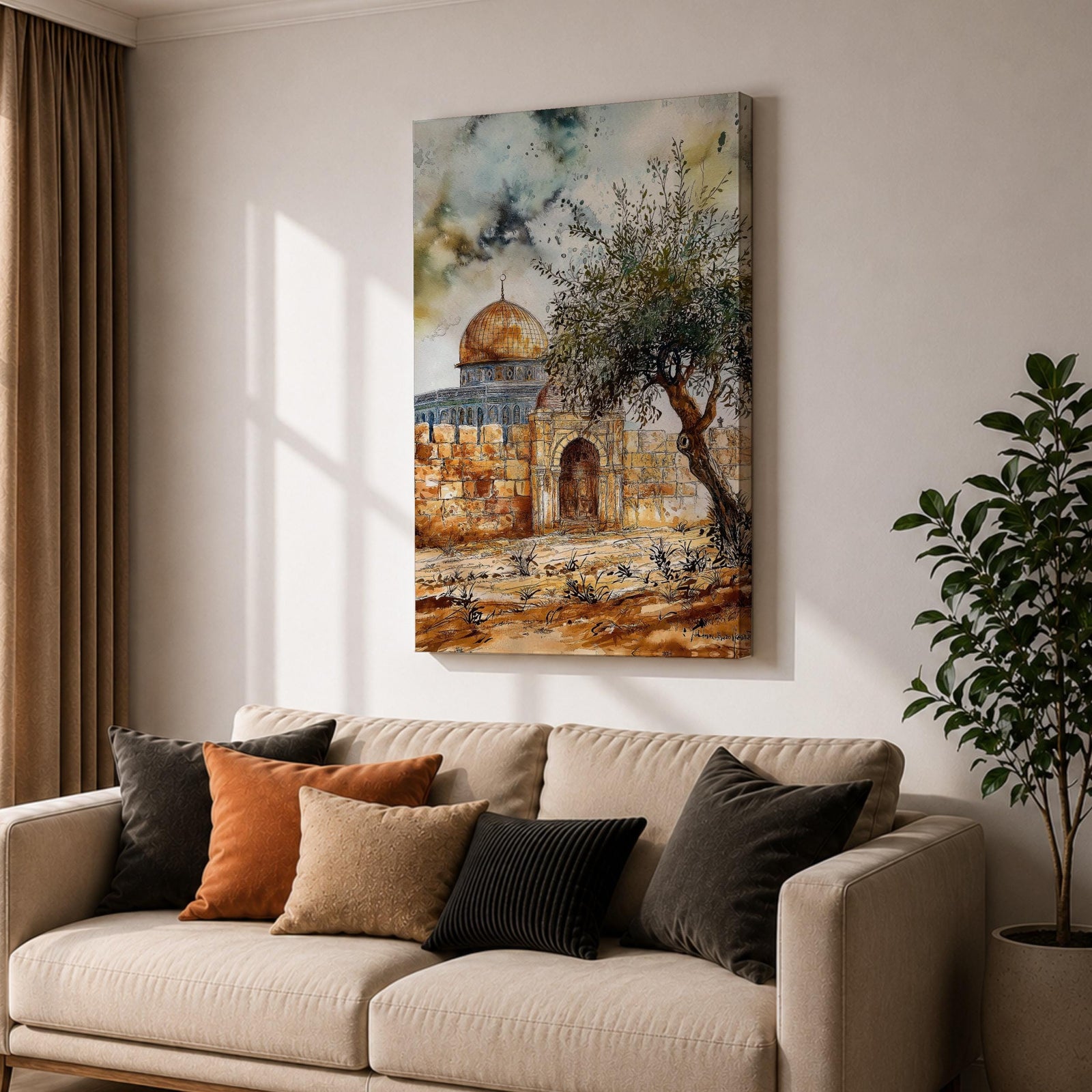 Watercolor-style painting of the Dome of the Rock in Jerusalem with its golden dome rising behind ancient stone walls and a prominent olive tree in the foreground under a dramatic sky.