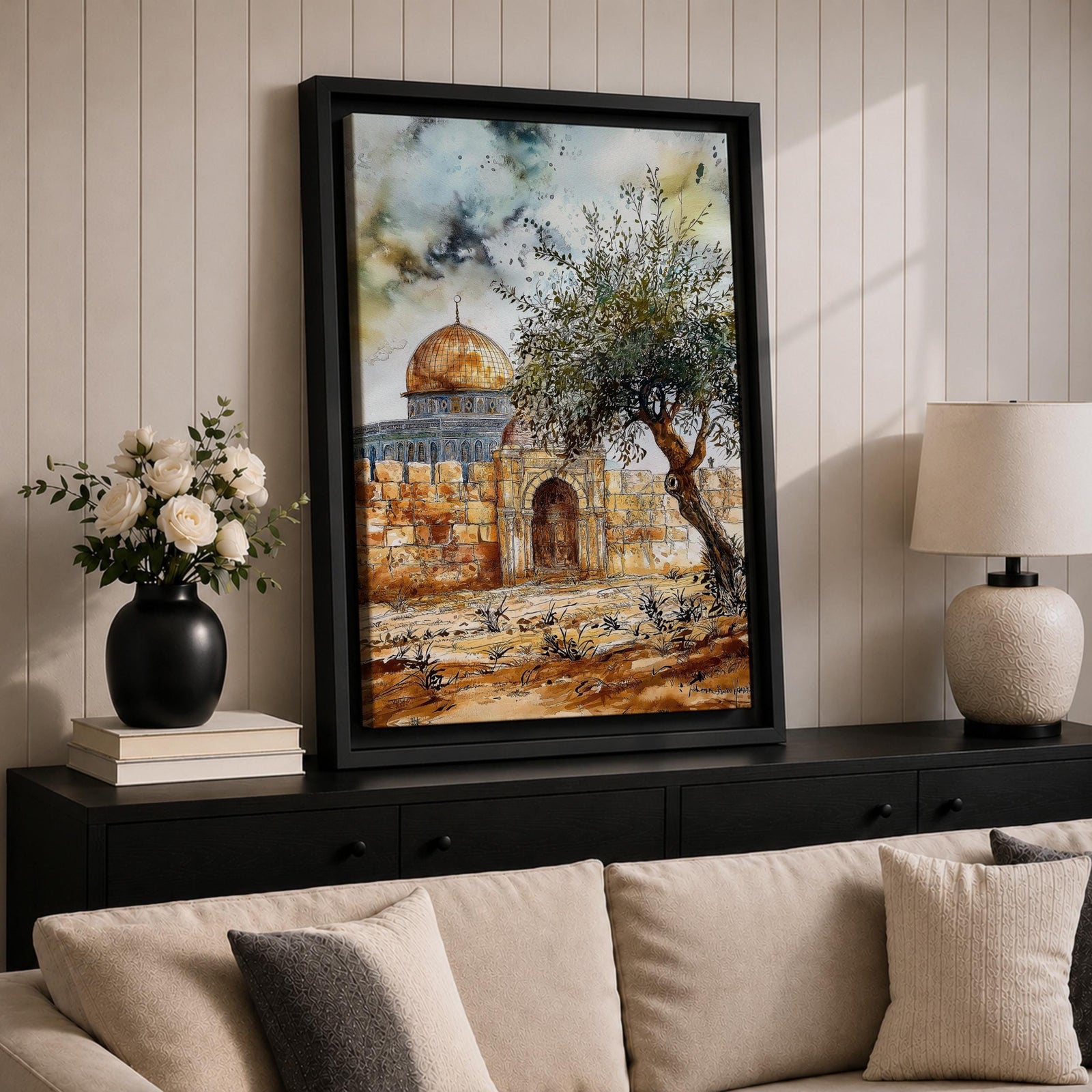 Watercolor-style painting of the Dome of the Rock in Jerusalem with its golden dome rising behind ancient stone walls and a prominent olive tree in the foreground under a dramatic sky.