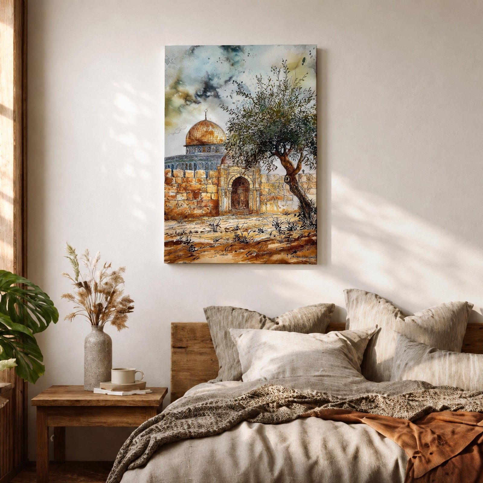 Watercolor-style painting of the Dome of the Rock in Jerusalem with its golden dome rising behind ancient stone walls and a prominent olive tree in the foreground under a dramatic sky.