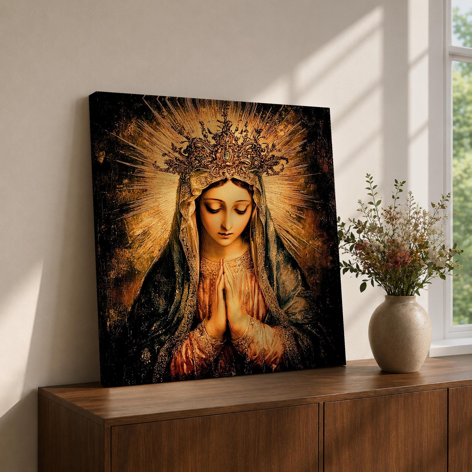 Virgin Mary Wall Art Queen of Heaven Framed Canvas Catholic Vintage Home Decor