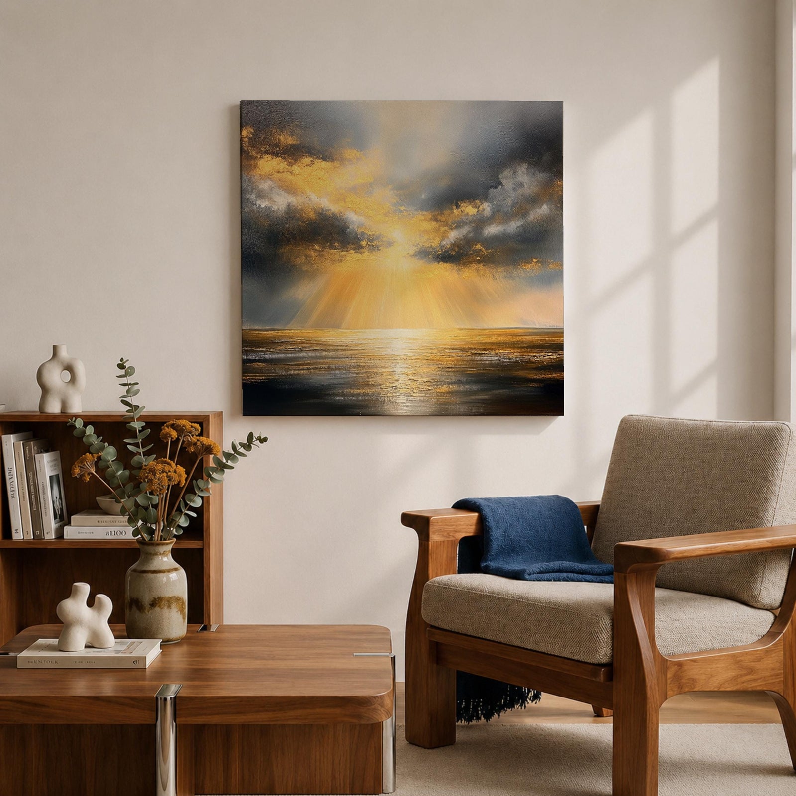 Golden Sun Wall Art Radiant Ocean Framed Canvas Sunbeams Seascape Minimalist Home Decor