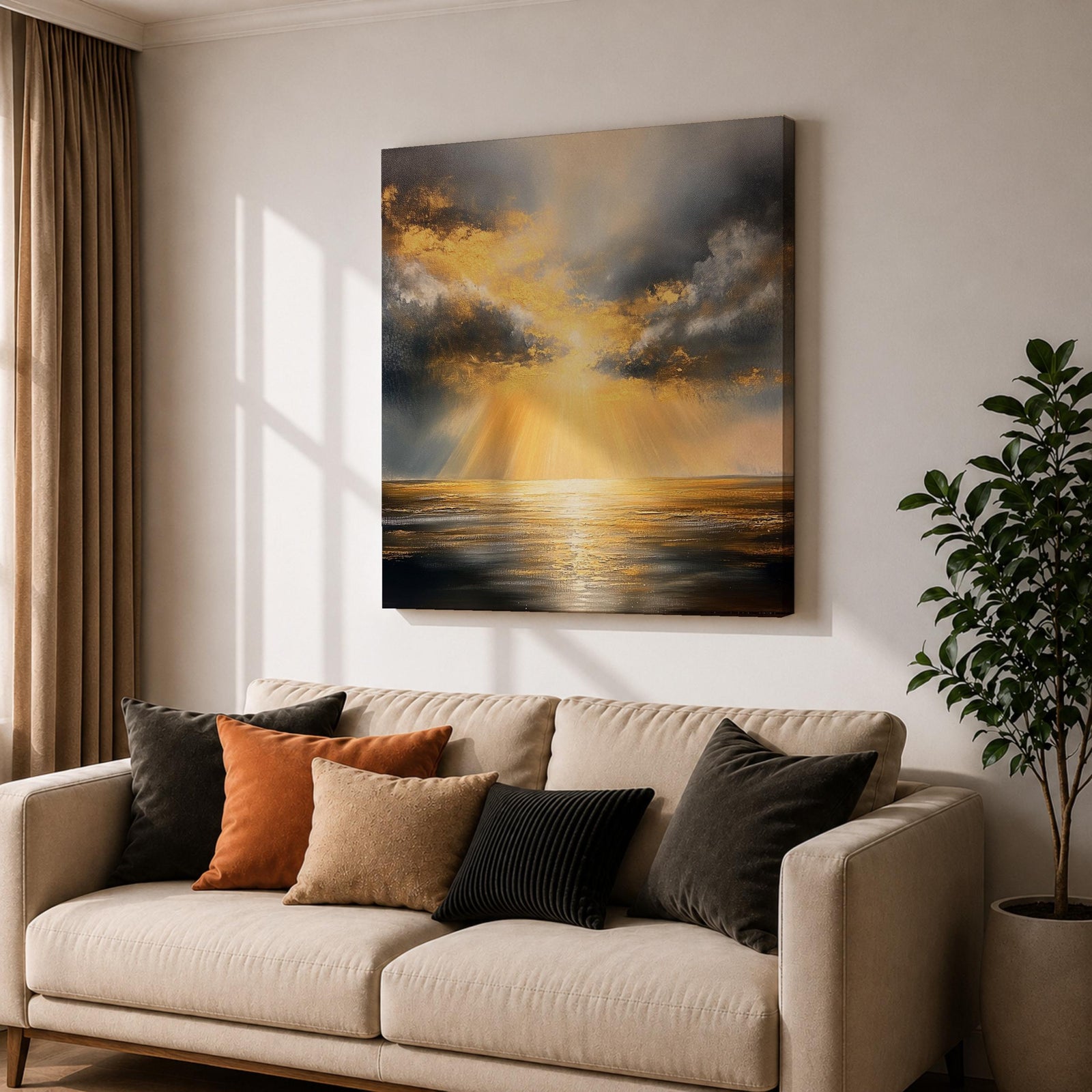 Golden Sun Wall Art Radiant Ocean Framed Canvas Sunbeams Seascape Minimalist Home Decor
