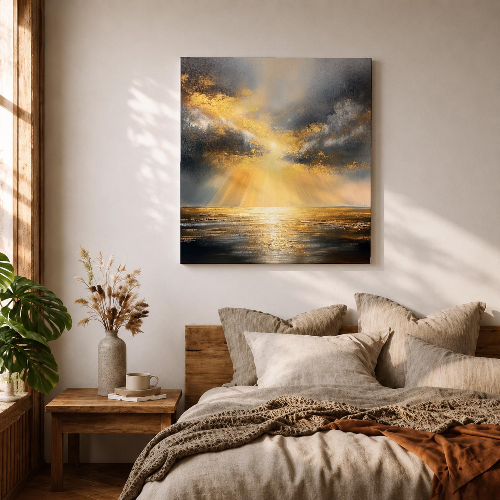 Golden Sun Wall Art Radiant Ocean Framed Canvas Sunbeams Seascape Minimalist Home Decor
