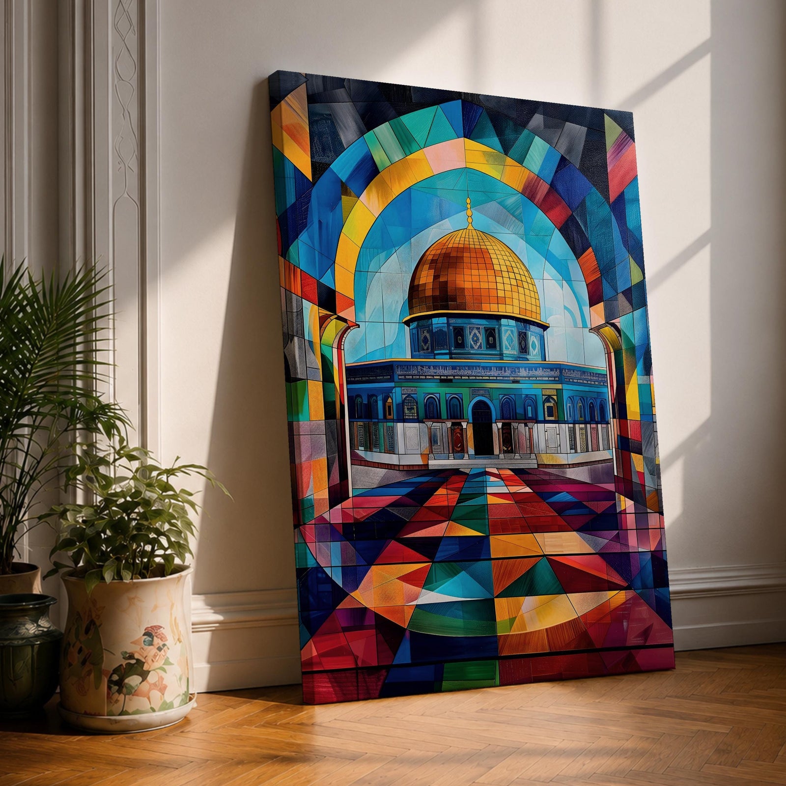 Colorful geometric artwork of the Dome of the Rock in Jerusalem featuring the golden dome beneath a vibrant mosaic-style arch with multicolored geometric patterns and a tiled courtyard.