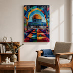 Colorful geometric artwork of the Dome of the Rock in Jerusalem featuring the golden dome beneath a vibrant mosaic-style arch with multicolored geometric patterns and a tiled courtyard.