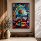 Colorful geometric artwork of the Dome of the Rock in Jerusalem featuring the golden dome beneath a vibrant mosaic-style arch with multicolored geometric patterns and a tiled courtyard.