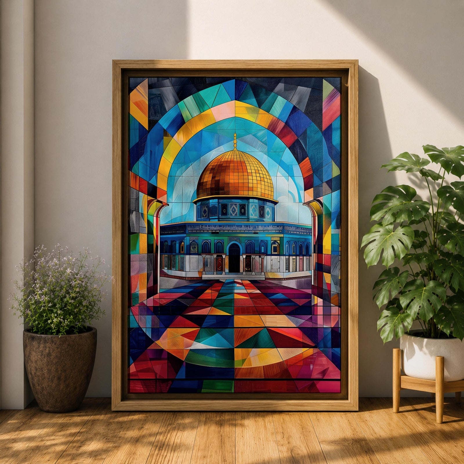 Colorful geometric artwork of the Dome of the Rock in Jerusalem featuring the golden dome beneath a vibrant mosaic-style arch with multicolored geometric patterns and a tiled courtyard.