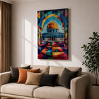Colorful geometric artwork of the Dome of the Rock in Jerusalem featuring the golden dome beneath a vibrant mosaic-style arch with multicolored geometric patterns and a tiled courtyard.