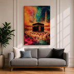 Abstract painting of the Kaaba at Masjid Al Haram in Mecca surrounded by pilgrims during Hajj pilgrimage, with vibrant orange, blue, and red tones illuminating the mosque courtyard and minarets.