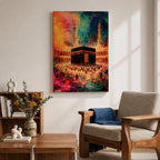 Abstract painting of the Kaaba at Masjid Al Haram in Mecca surrounded by pilgrims during Hajj pilgrimage, with vibrant orange, blue, and red tones illuminating the mosque courtyard and minarets.