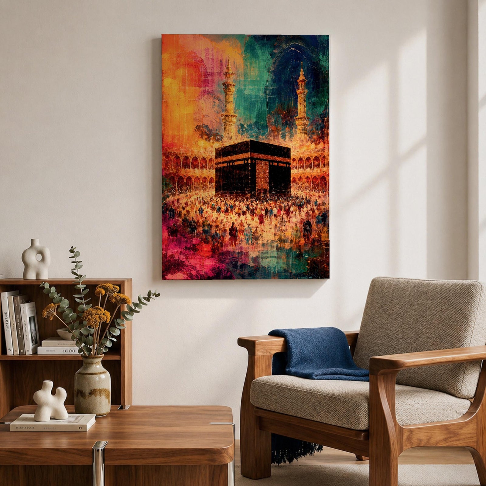Abstract painting of the Kaaba at Masjid Al Haram in Mecca surrounded by pilgrims during Hajj pilgrimage, with vibrant orange, blue, and red tones illuminating the mosque courtyard and minarets.