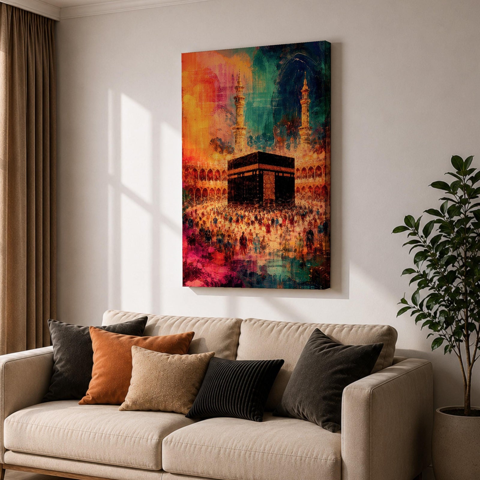 Abstract painting of the Kaaba at Masjid Al Haram in Mecca surrounded by pilgrims during Hajj pilgrimage, with vibrant orange, blue, and red tones illuminating the mosque courtyard and minarets.