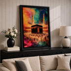 Abstract painting of the Kaaba at Masjid Al Haram in Mecca surrounded by pilgrims during Hajj pilgrimage, with vibrant orange, blue, and red tones illuminating the mosque courtyard and minarets.