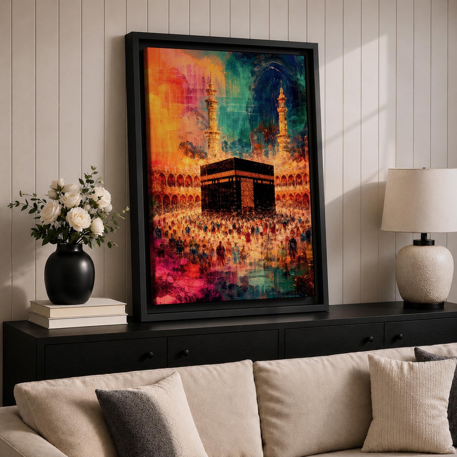 Abstract painting of the Kaaba at Masjid Al Haram in Mecca surrounded by pilgrims during Hajj pilgrimage, with vibrant orange, blue, and red tones illuminating the mosque courtyard and minarets.