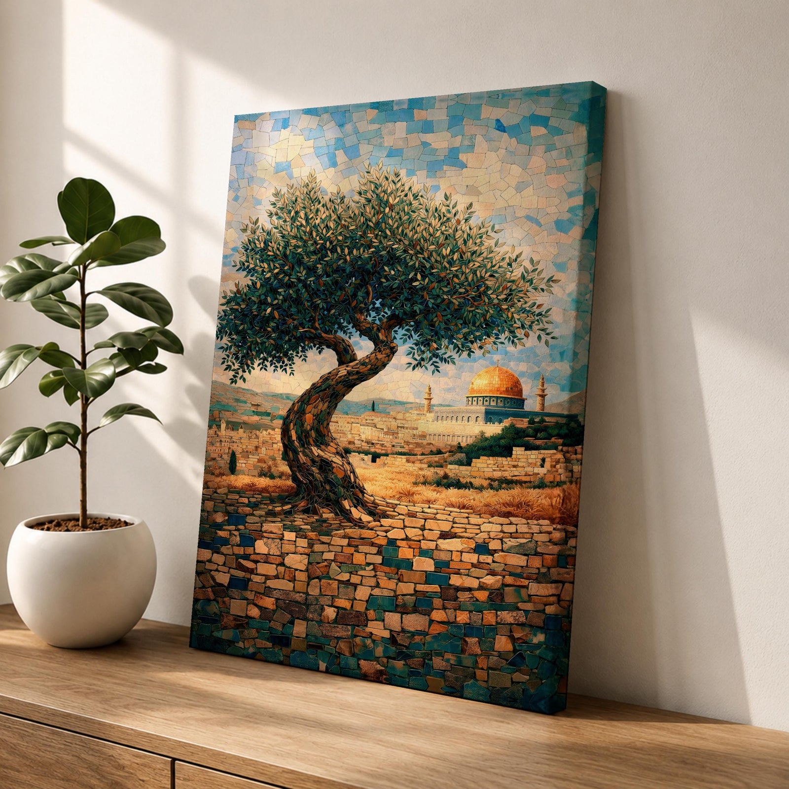 Mosaic-style artwork of an olive tree overlooking Jerusalem with the golden Dome of the Rock visible in the distance, rendered in small tile-like shapes with warm stone walls and blue sky.