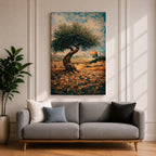 Mosaic-style artwork of an olive tree overlooking Jerusalem with the golden Dome of the Rock visible in the distance, rendered in small tile-like shapes with warm stone walls and blue sky.