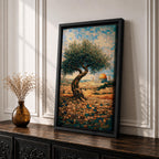 Mosaic-style artwork of an olive tree overlooking Jerusalem with the golden Dome of the Rock visible in the distance, rendered in small tile-like shapes with warm stone walls and blue sky.