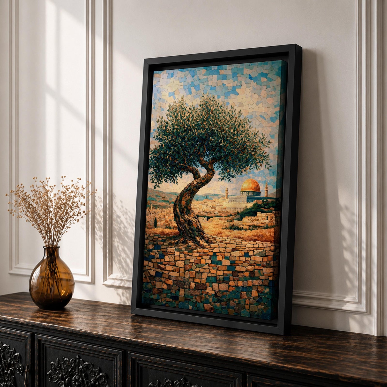 Mosaic-style artwork of an olive tree overlooking Jerusalem with the golden Dome of the Rock visible in the distance, rendered in small tile-like shapes with warm stone walls and blue sky.