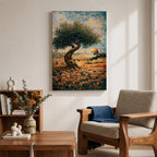 Mosaic-style artwork of an olive tree overlooking Jerusalem with the golden Dome of the Rock visible in the distance, rendered in small tile-like shapes with warm stone walls and blue sky.