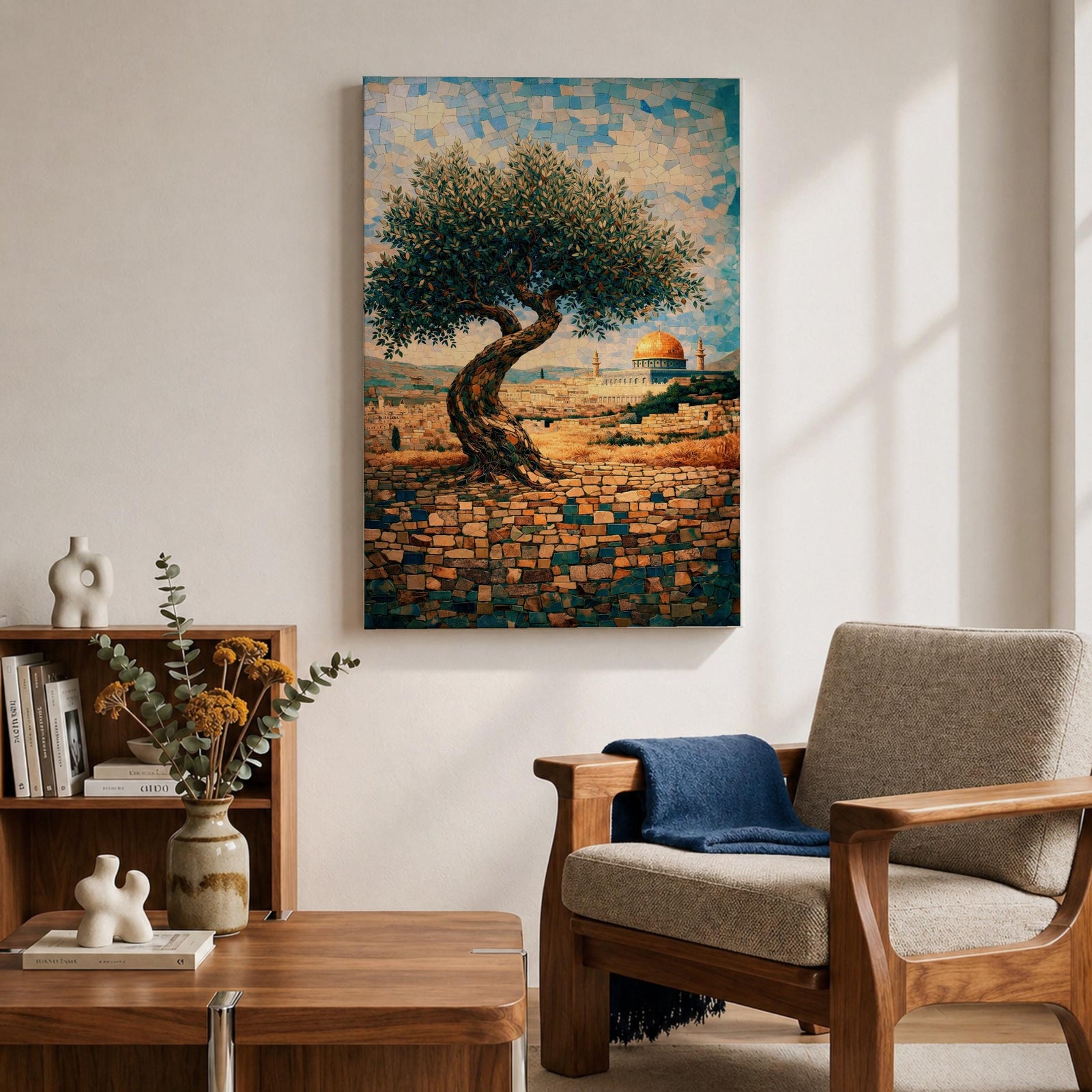 Mosaic-style artwork of an olive tree overlooking Jerusalem with the golden Dome of the Rock visible in the distance, rendered in small tile-like shapes with warm stone walls and blue sky.