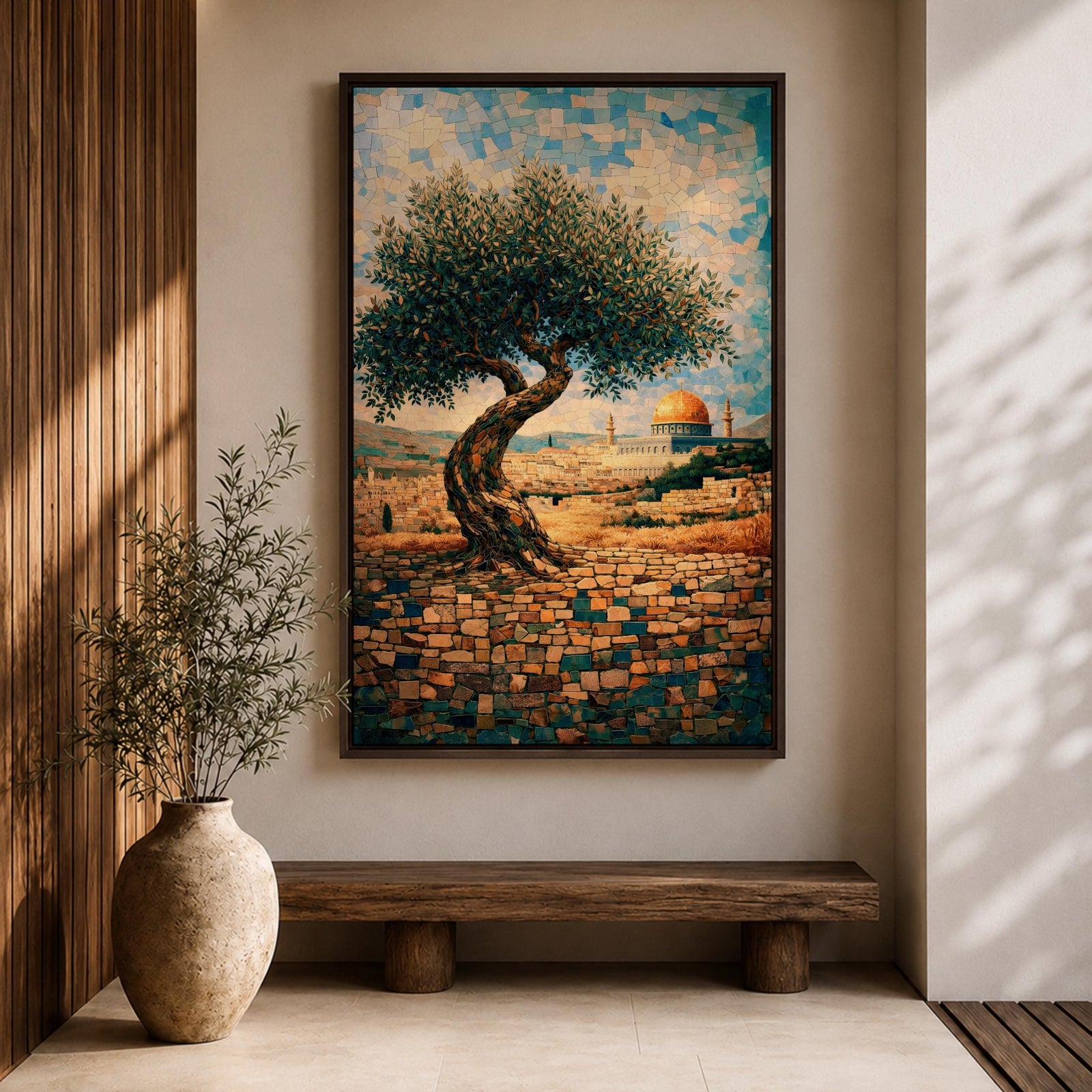Mosaic-style artwork of an olive tree overlooking Jerusalem with the golden Dome of the Rock visible in the distance, rendered in small tile-like shapes with warm stone walls and blue sky.