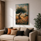 Mosaic-style artwork of an olive tree overlooking Jerusalem with the golden Dome of the Rock visible in the distance, rendered in small tile-like shapes with warm stone walls and blue sky.