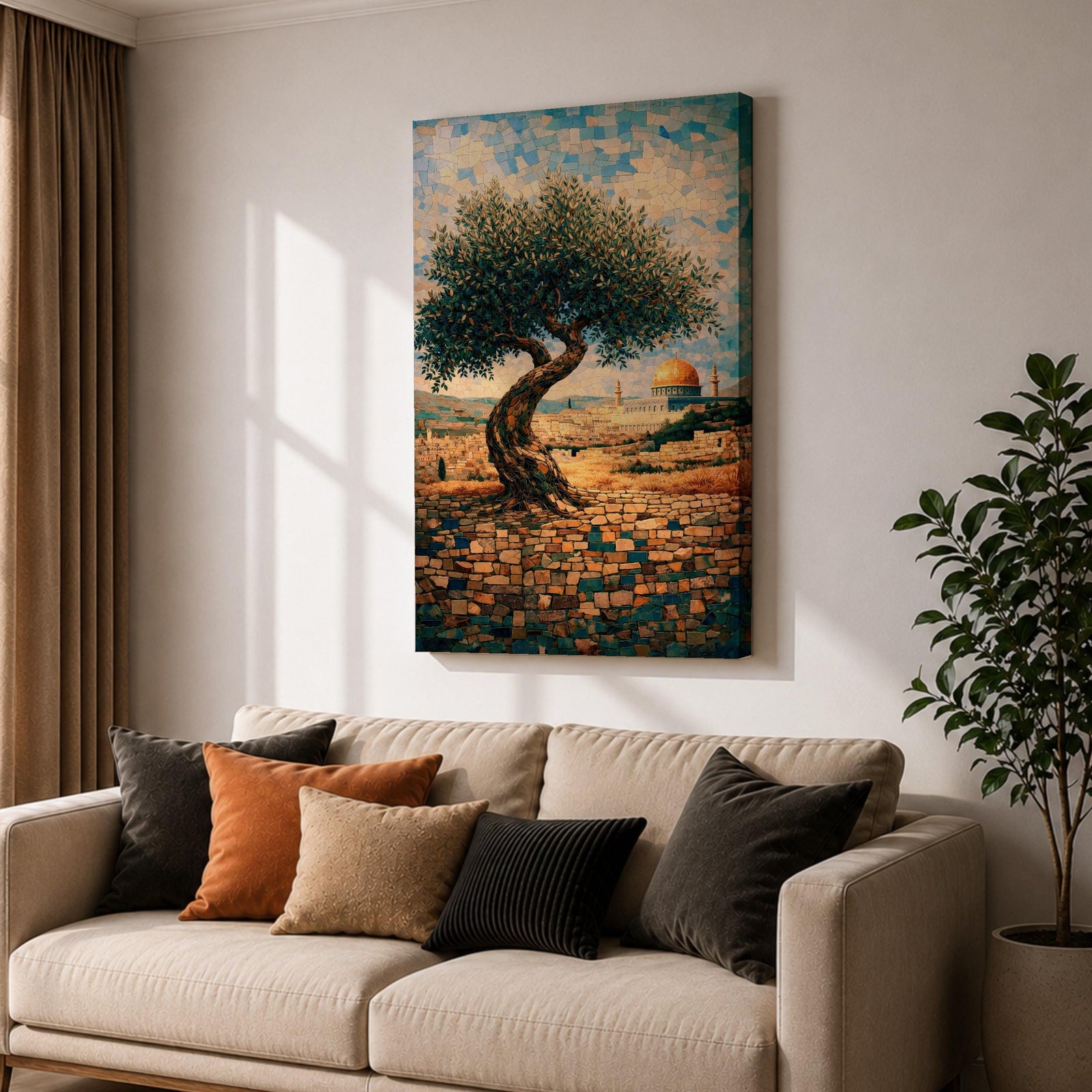 Mosaic-style artwork of an olive tree overlooking Jerusalem with the golden Dome of the Rock visible in the distance, rendered in small tile-like shapes with warm stone walls and blue sky.