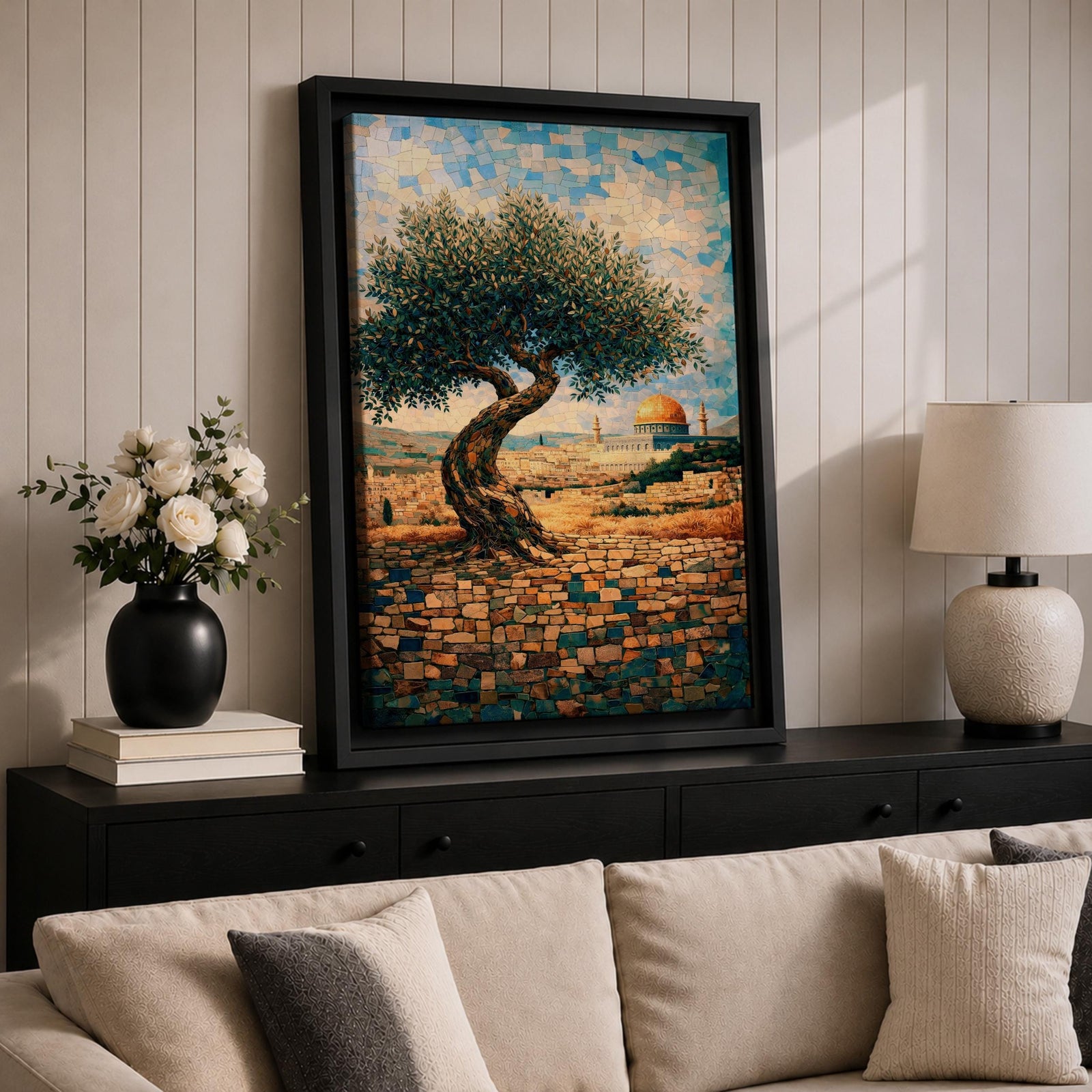 Mosaic-style artwork of an olive tree overlooking Jerusalem with the golden Dome of the Rock visible in the distance, rendered in small tile-like shapes with warm stone walls and blue sky.